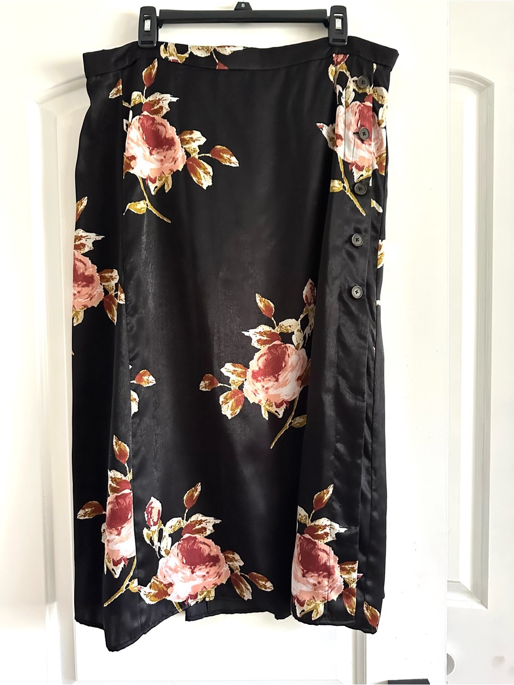 Alex Marie Black Satin Midi Skirt with Rose Print